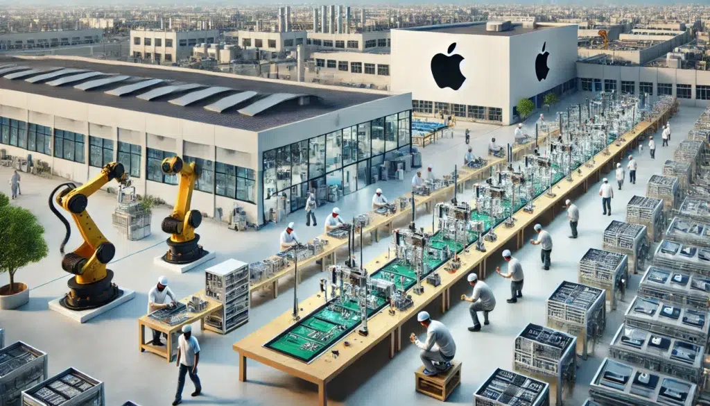 Apple manufacturing facility in India showcasing iPhone 16 Pro assembly line with workers and advanced robotics."